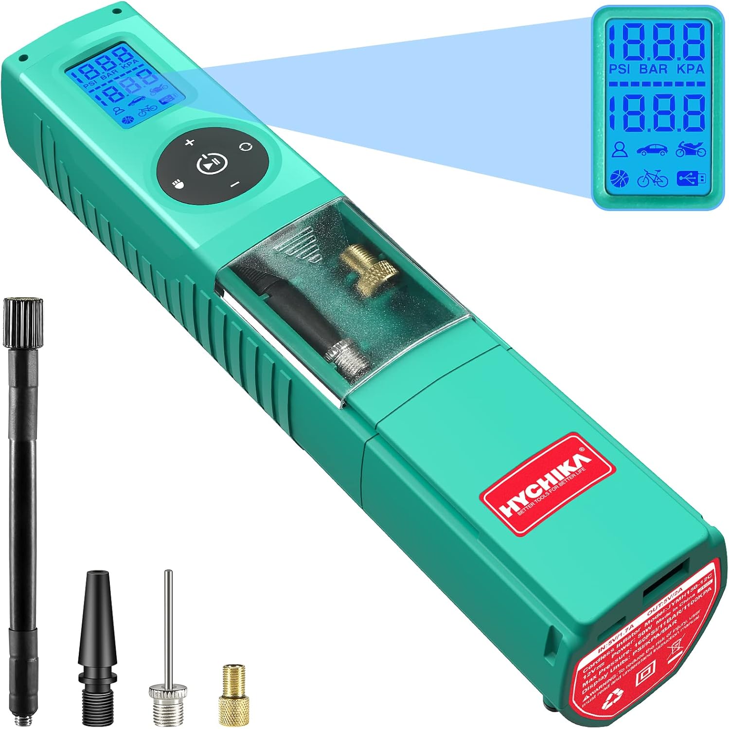 Air Compressor Tire Inflator, HYCHIKA 160PSI Portable Inflator with Pressure Gauge, 12V DC/20V 2.0Ah Battery Dual Power Supply, 1H Fast Charger, LED Light for Tires Balls and Other Inflatables Pack of 2