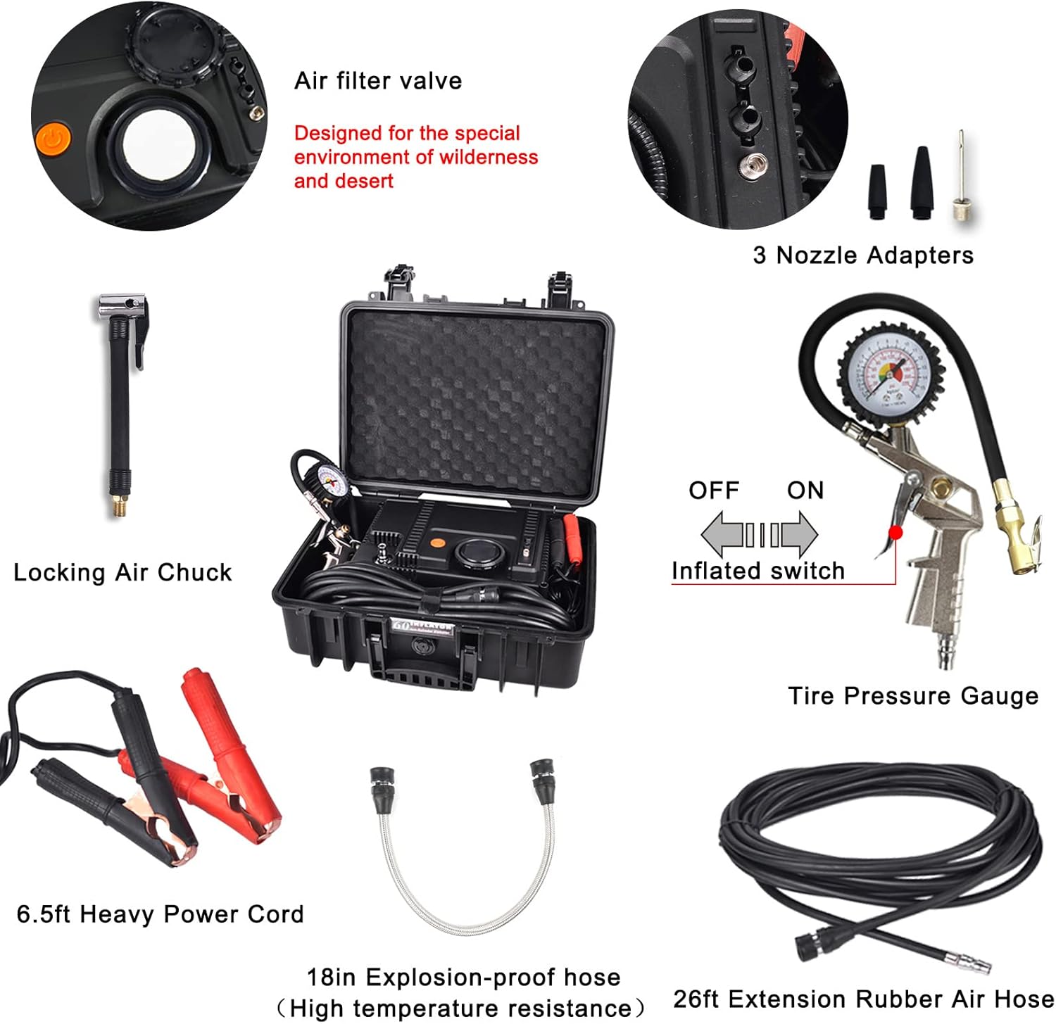 GSPSCN Heavy Duty Portable 12V Air Compressor Kit 180L /min (6.35CFM) Tire Inflator with Tire Pressure Gauge and 8m Extension Air Hose,Carry Box Air Pump for 4x4 Off Road Vehicle, Trucks, RVs, ATVs Pack of 2