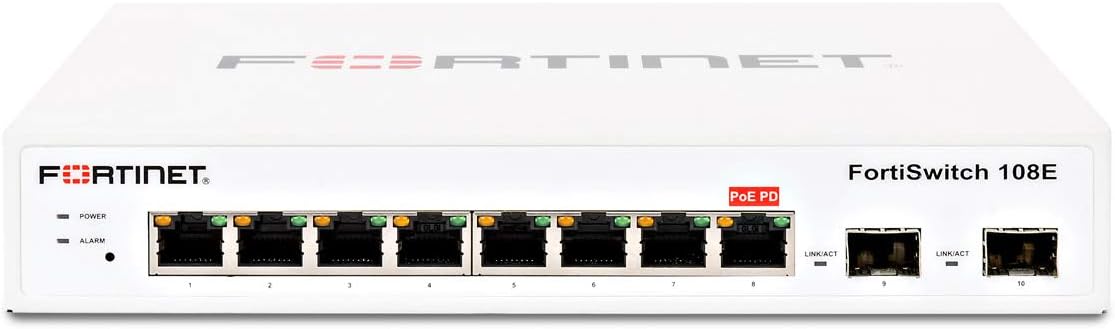 Fortinet | FS-108E | FortiSwitch-108E L2 Switch - 8 x GE RJ45 Ports, 2 x GE SFP, Fanless line AC and PSE Dual Powered L2+ Management Switch, FortiGate Switch Controller Compatible.