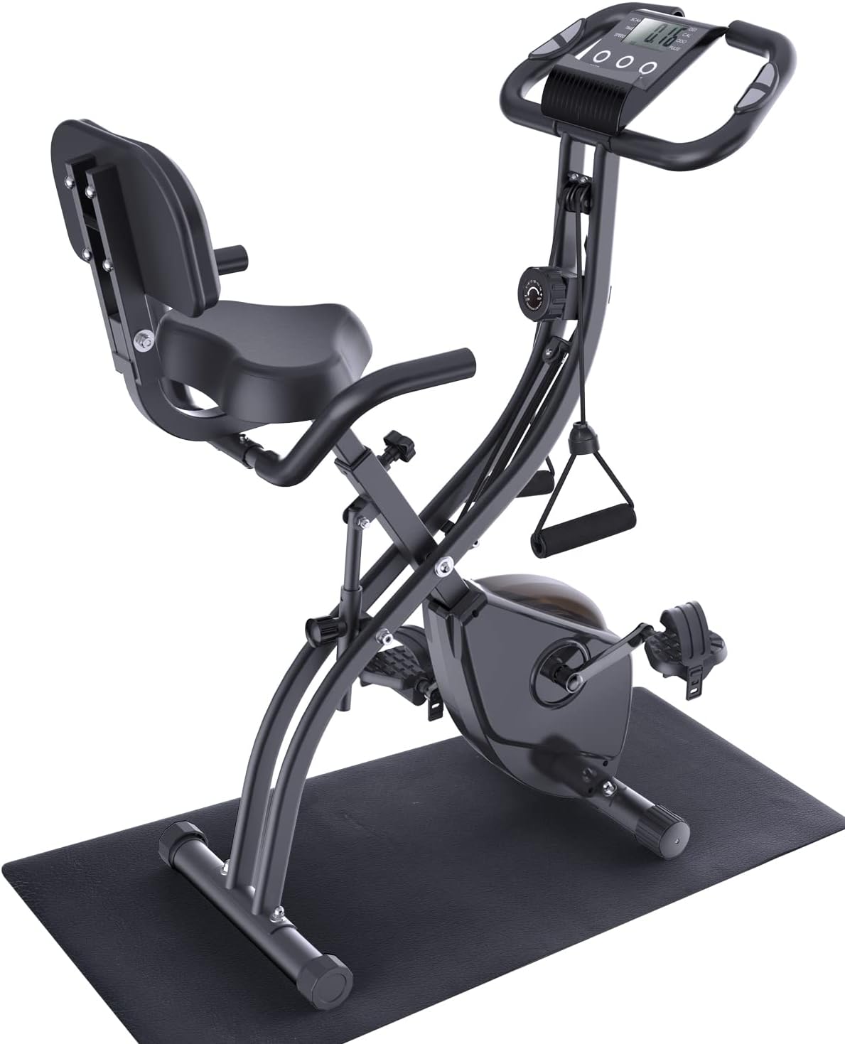 Exercise Bike, Sportneer 2022 New Version 3 in 1 Resistance Exercise Bike with 16 Level Magnetic, Folding Indoor Cycling Bike with PVC Floor Mat, Stationary Bike with Foldable Backrest, Versatile LCD Screen, Heart Rate Grip