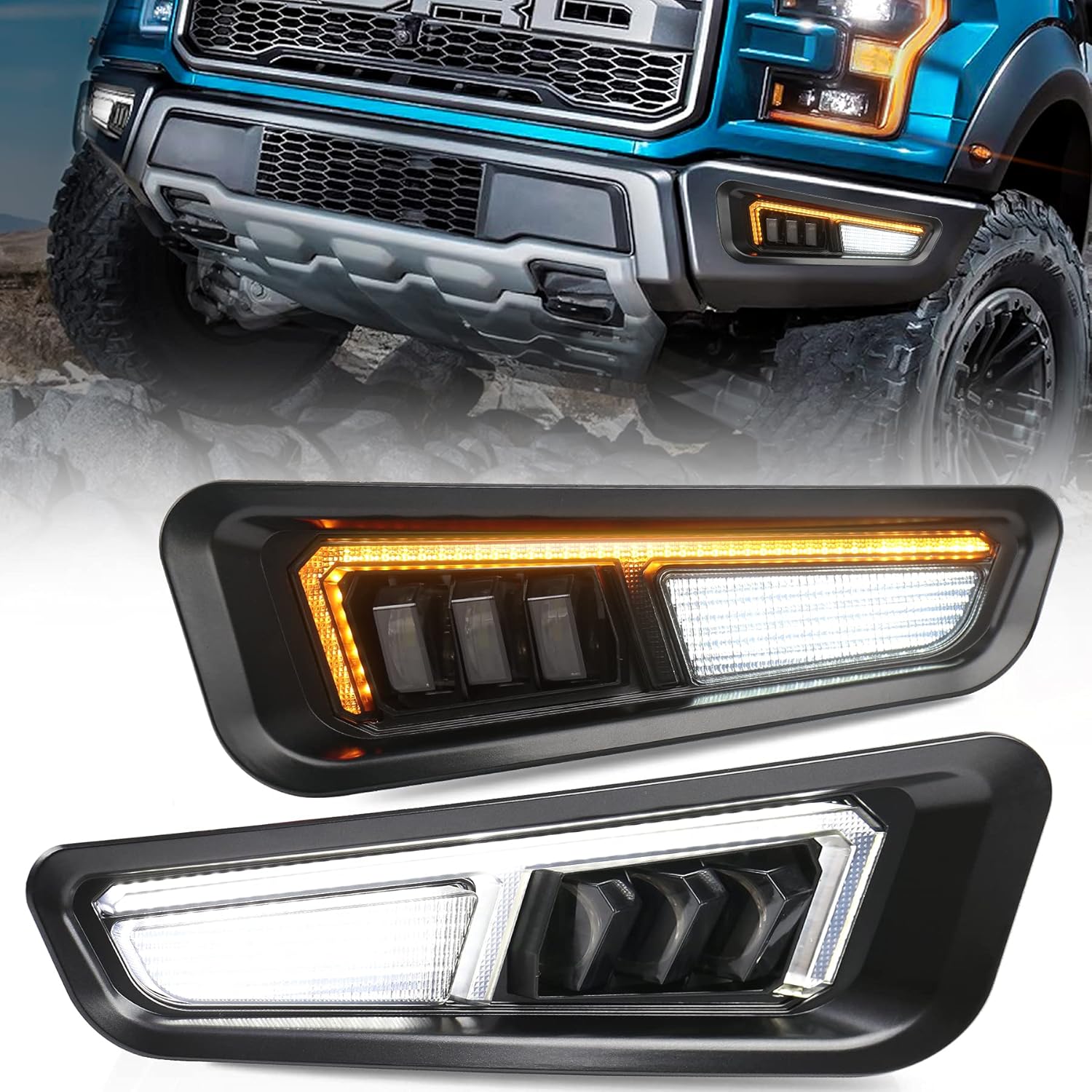 Ford Raptor Fog Lights, CJOVSE Amber Sequential Turn Signal White DR LED Bumper Fog Lights Compatible Smoke Housing with Gen 2 Ford Raptor 2017 2018 2019 2020