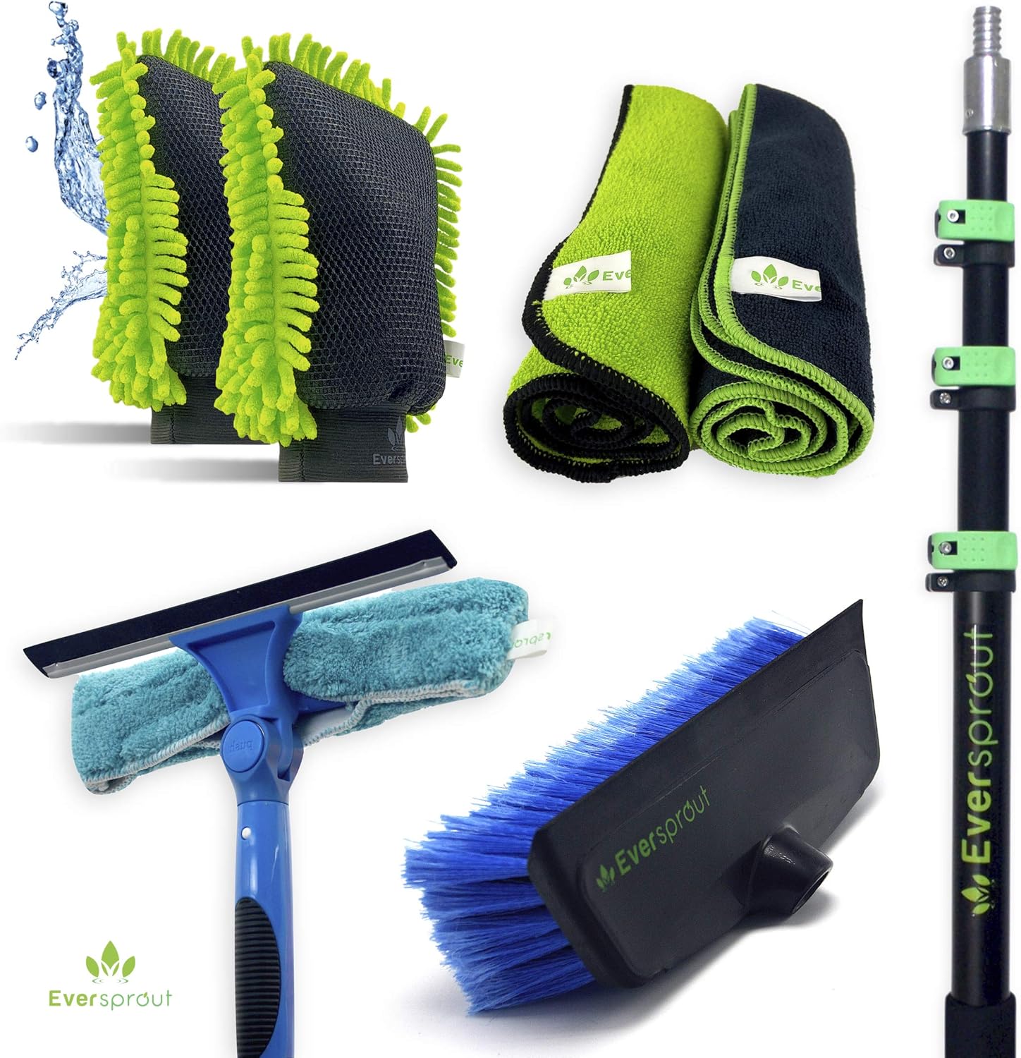 EVERSPROUT 7-to-25 Foot Premium High-Reach Car Wash Kit | Extension Pole, No-Scratch Scrub Brush Pro, Swivel Squeegee, Dual-Sided Carwash Mitts, Microfiber Towels | Cleans Vehicle, RV, Boat, Windows