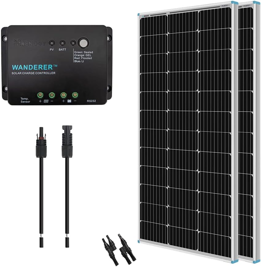 Renogy 200W 12V Monocrystalline Solar Panel Bundle Kit with 200W Solar Panel, 30A Charge Controller, 9in Adaptor Kit, A Pair of Branch Connectors