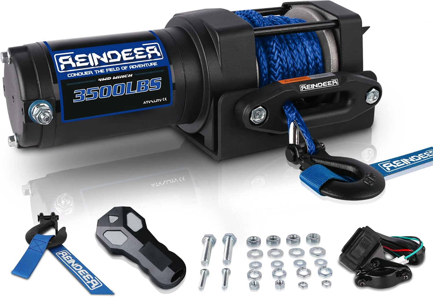 REINDEER New 12V Winch 3500 lb Load Capacity Electric Winch kit Synthetic Rope Wire Rope with Hawse Fairlead Waterproof IP67 with Wireless Remotes