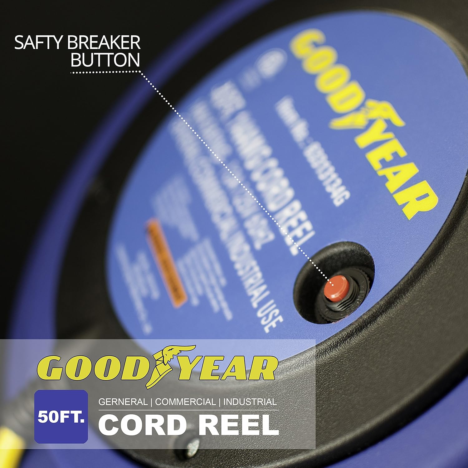 Goodyear Extension Cord Reel Retractable 16AWG x 50' Foot 3C/SJTOW Commercial Cable LED Triple Tap Connector Power 7.5A 125VAC 938W
