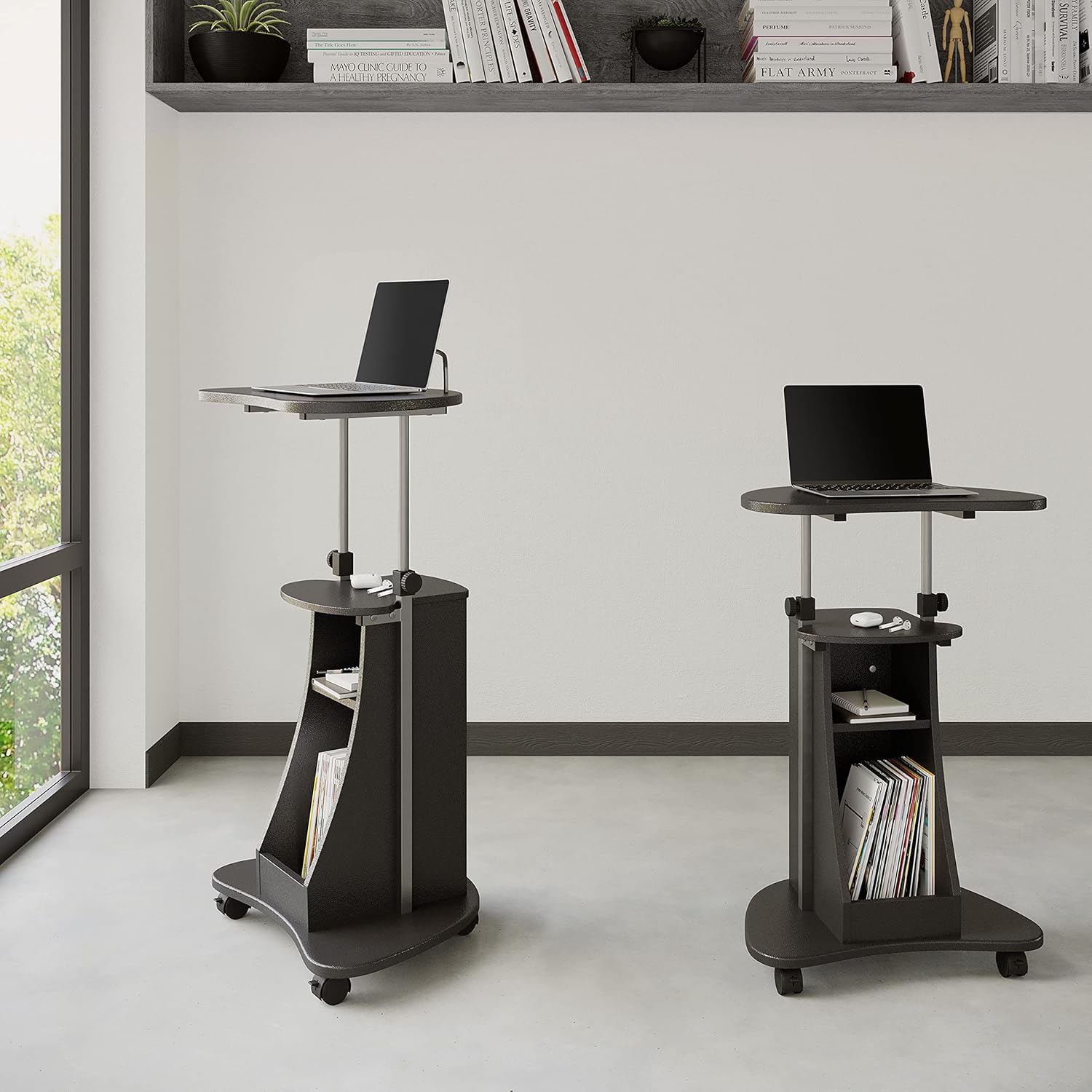 Techni Mobili Sit-to-Stand Rolling Adjustable Height Laptop Cart with Storage, Graphite