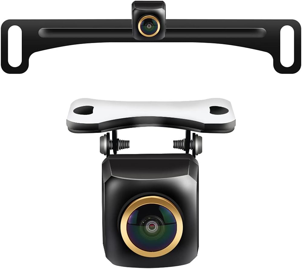 Updated Trajectory AHD Rear View Camera with Golden Rim Fisheye Lens, GreenYi 720P Back up Camera Only Work with Monitor Head Units Supporting AHD 720P Video Signal, Extra License Plate Frame Included Pack of 2