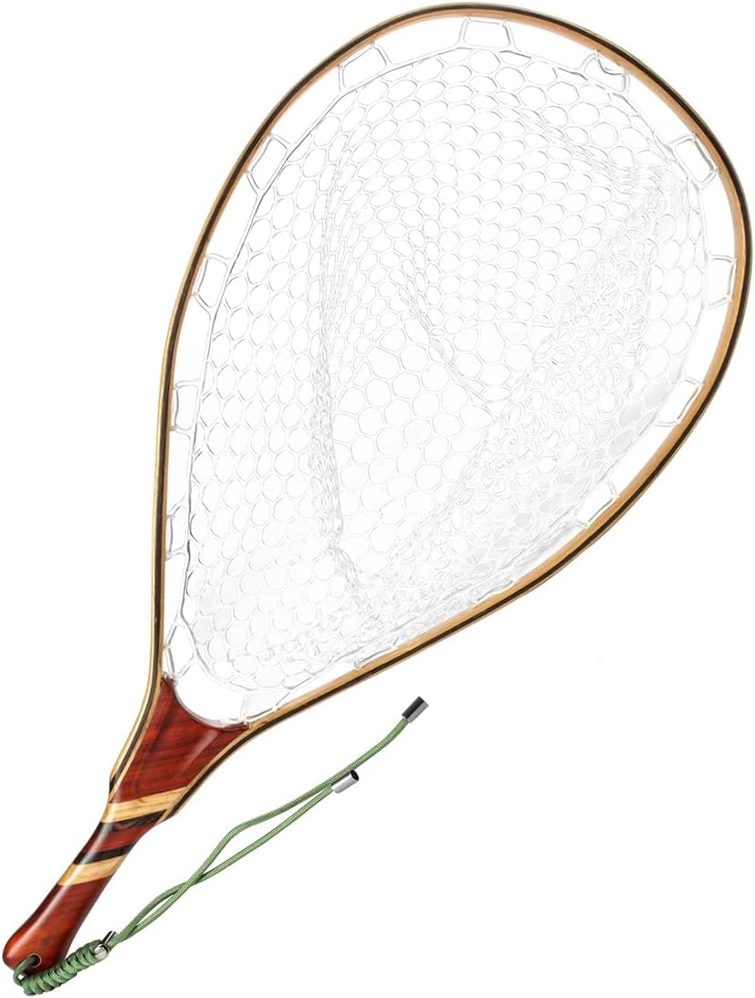 Yamuduo Fly Fishing Landing net - Thoughtful Design Handcrafted Wooden Trout Net with Knotless Soft Rubber Mesh Magnetic Release and lanyards Pack of 2