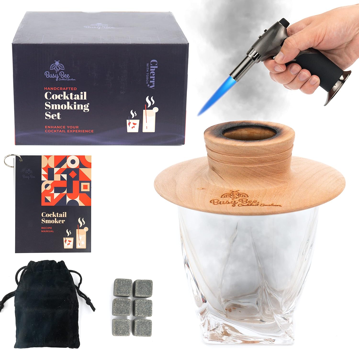 Busy Bee Oak Cocktail Smoker Mixology Bartender Kit – Luxury Cocktail Set with Cocktail Smoker, Torch, Whisky Glass & Whiskey Stone – Premium Bar Sets for The Home with Aromatic Woods Pack of 2