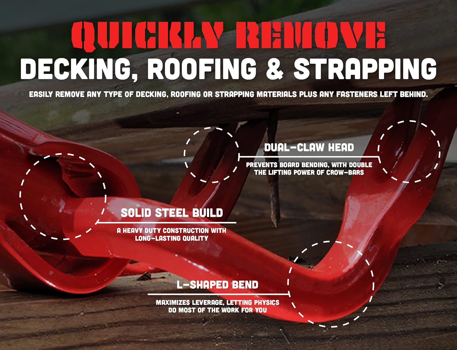 Angel Guard Deck Demon, Heavy Duty Steel Pallet Buster Deck Wrecker Tool with 44 Inch Non-Slip Handle & Dual Tine Claw Head Nail Puller to Remove Decking, Roofing, Strapping, & Fasteners, Red, DD-201 Pack of 2