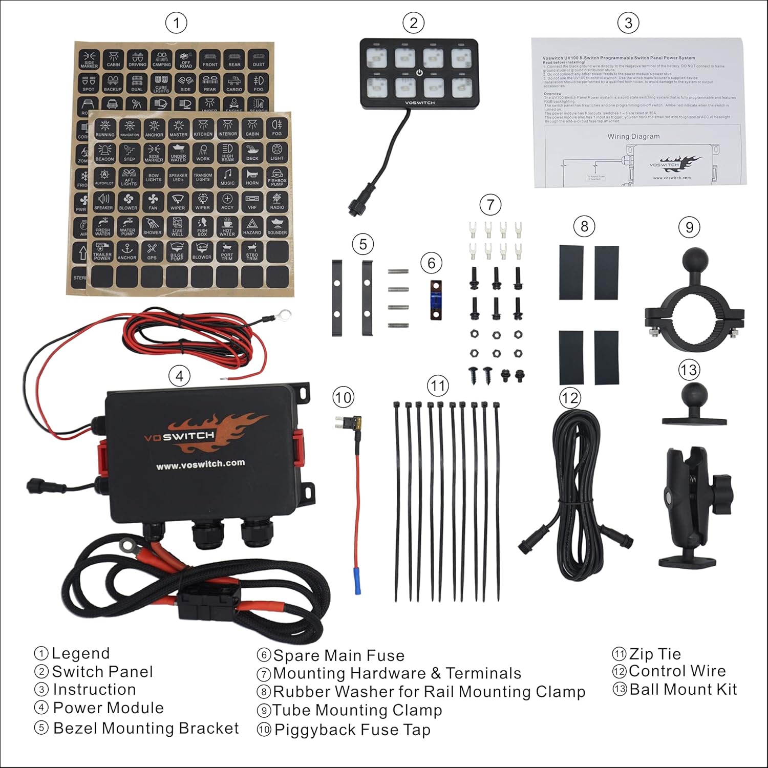 Voswitch UV100 8 Gang Programmable Switch Panel Power Control System for Truck UTV Side by Side Boat 12V Battery Use