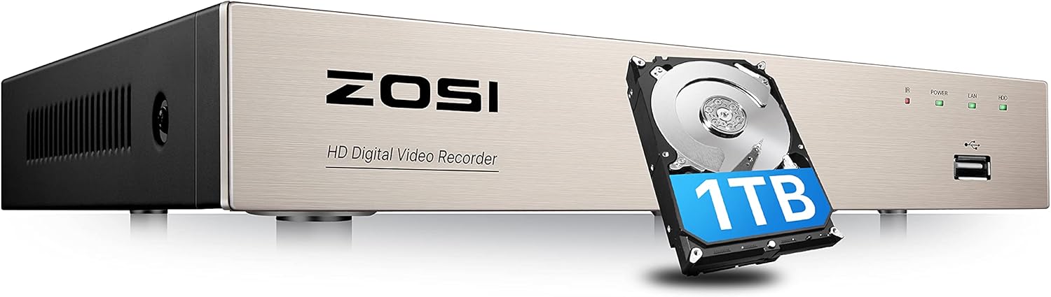 ZOSI H.265+ 5MP Lite 8 Channel Hybrid 4-in-1 HD TVI CCTV DVR, 8CH 1080P Surveillance Video Recorders with Hard Drive 1TB for Home Security Camera System,Mobile Remote Access,Motion Detection