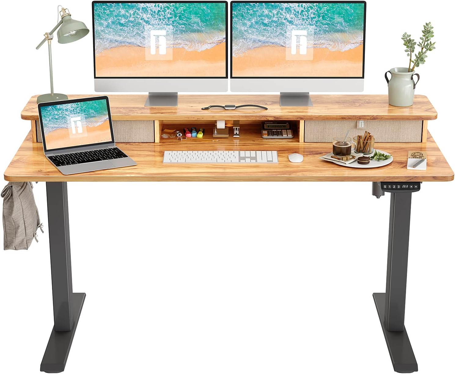 FEZIBO Height Adjustable Electric Standing desk with Double Drawer, 48 x 24 Inch Table with Storage Shelf, Sit Stand Desk with Splice Board, Black Frame/Rustic Brown Top, 48 inch