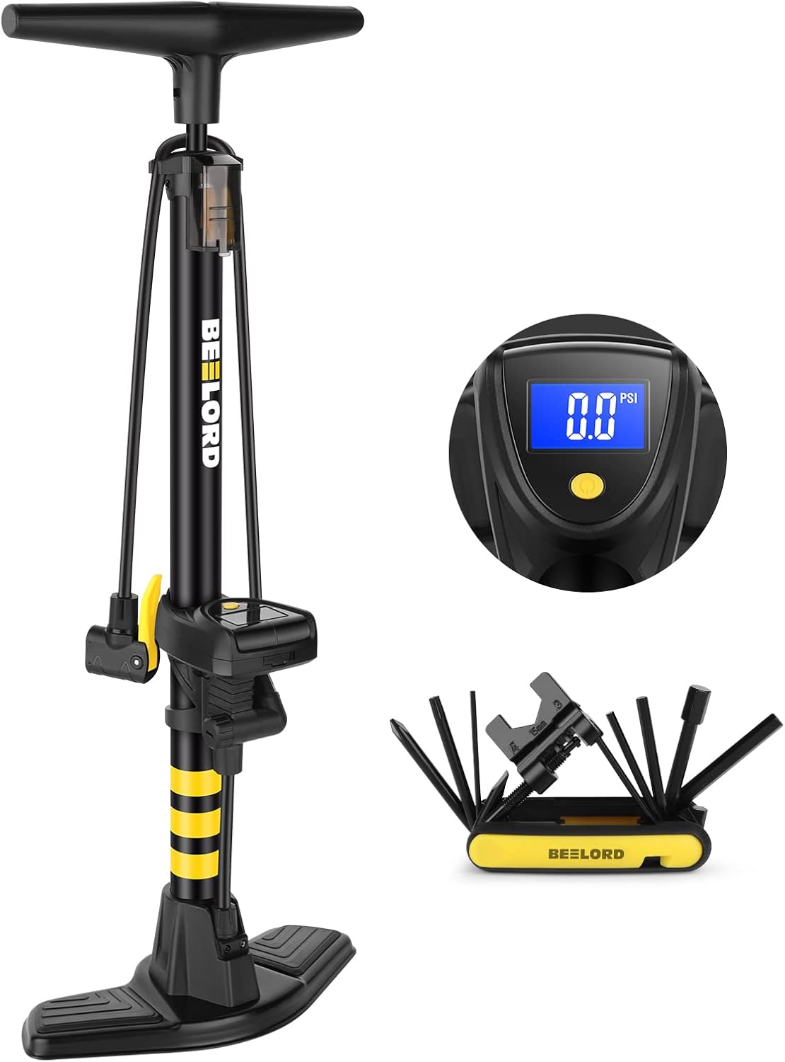 BEELORD Aluminum Bike Pump - Floor Bicycle Tire Pump with Gauge,High Pressure 160PSI, Air Ball Pump Inflator ,Contains Bike Multi Tool,Twin Valve Head Fits Schrader and Presta. Pack of 2