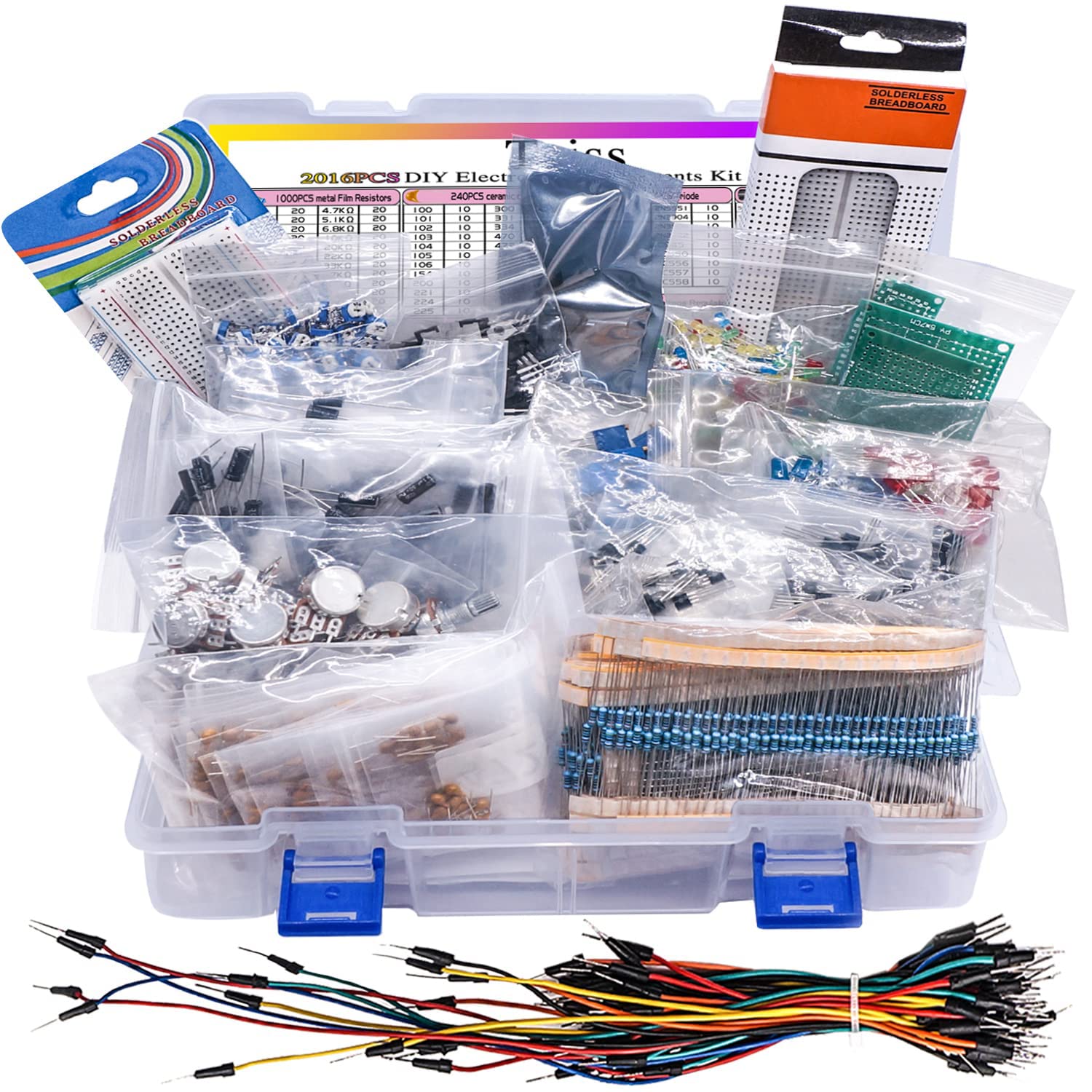 Taiss 2016PCS Electronics Components Kit Assortment Resistor,Capacitors,Diode,LED,Potentiometer,Transistor,Voltage Regulator,PCB Board Prototype,Solderless breadboard,Rotary Encoder Module,Jumper Wire Pack of 2