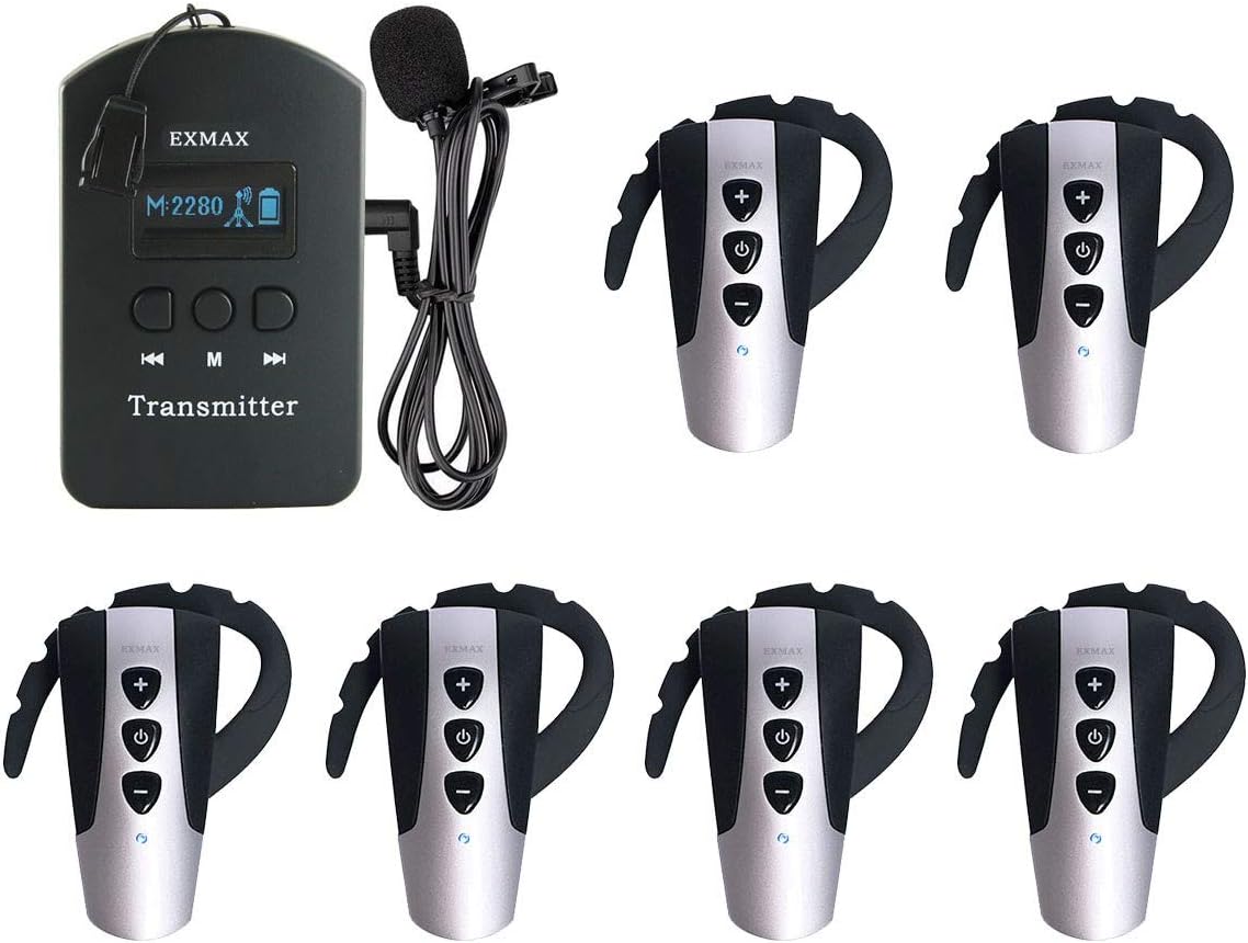 EXMAX EXD-6824 2.4G Wireless Simultaneous Translation Equipment Church Asisted Listening Audio Tour Guide System for Bussiness Meeting Classroom Social Distancing Lecture 1 Transmitter 6 Receivers