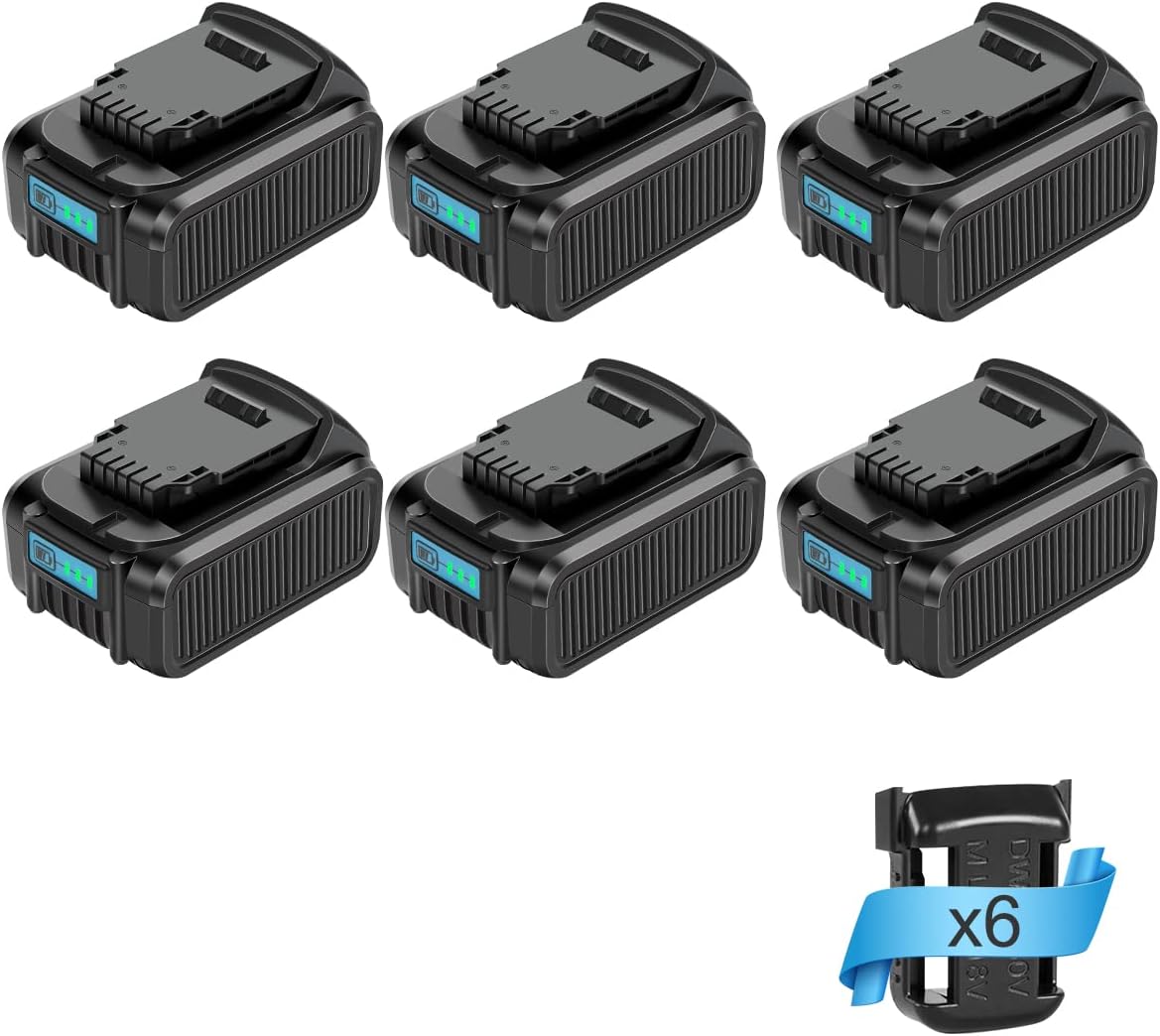 6 Pack 20V 6.0Ah Battery Compatible with DeWalt Tools and Charger, Upgraded Tech for Higher Power, Lithium ion Cell Replacement for DeWalt 20V Battery DCB205 DCB200 DCB206 Series+Holder, (Black)