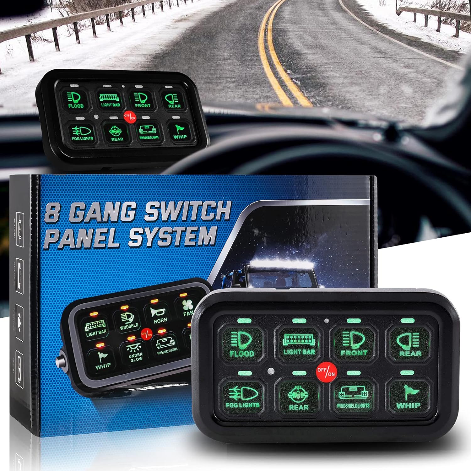 ALAVENTE Universal 8 Gang Switch Panel, Automatic Dimmable Electronic Relay System On-Off LED Car Switch Panel Button Switch Circuit Control Box Touch Screen for Truck ATV UTV Boat Caravan(Green)…