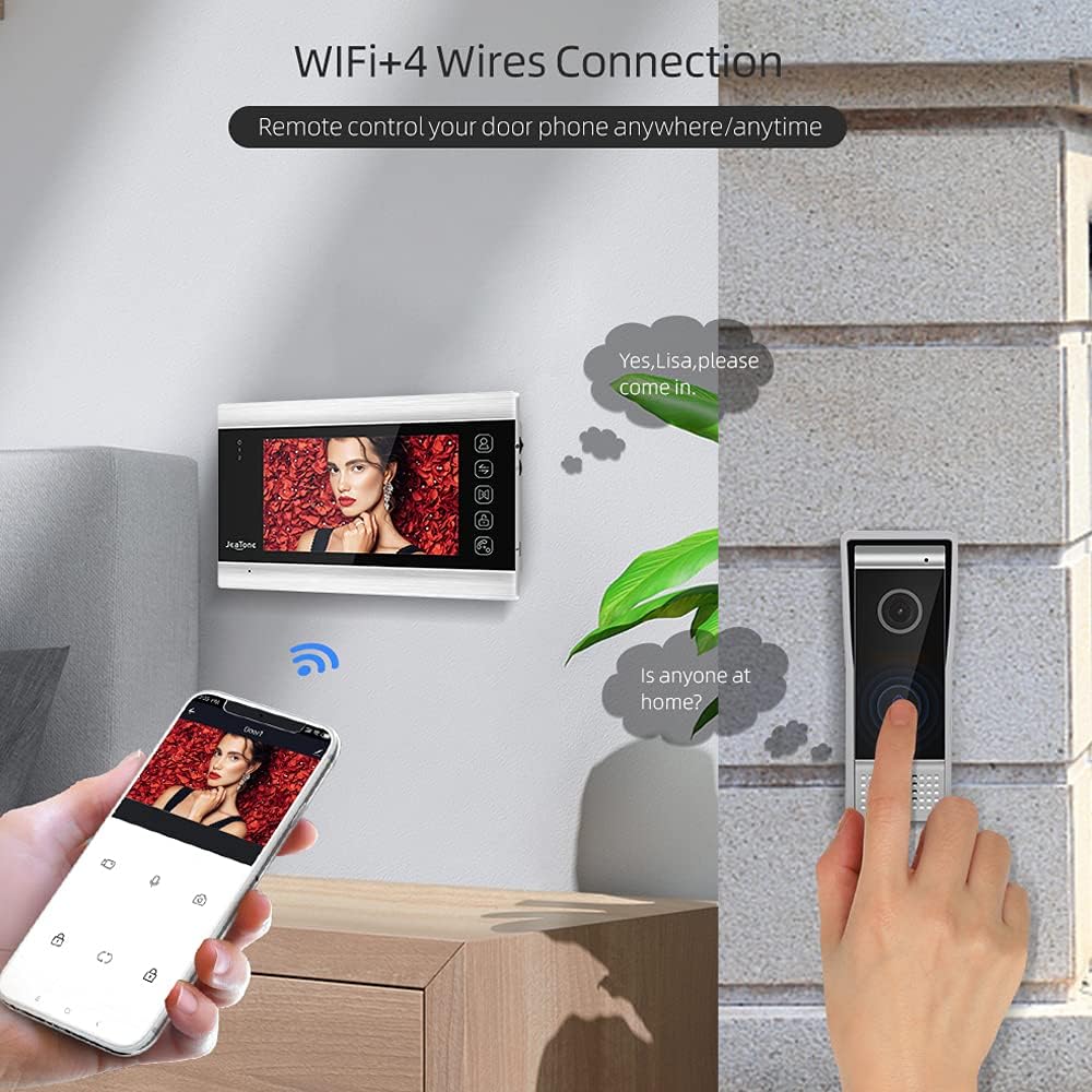 JeaTone Video Door Phone Doorbell 4-Wired 7 Inch AHD Wi-Fi Intercom System with 720P Camera Support Tuya APP Remote Motion Detection/Unlock/Record/Snapshot