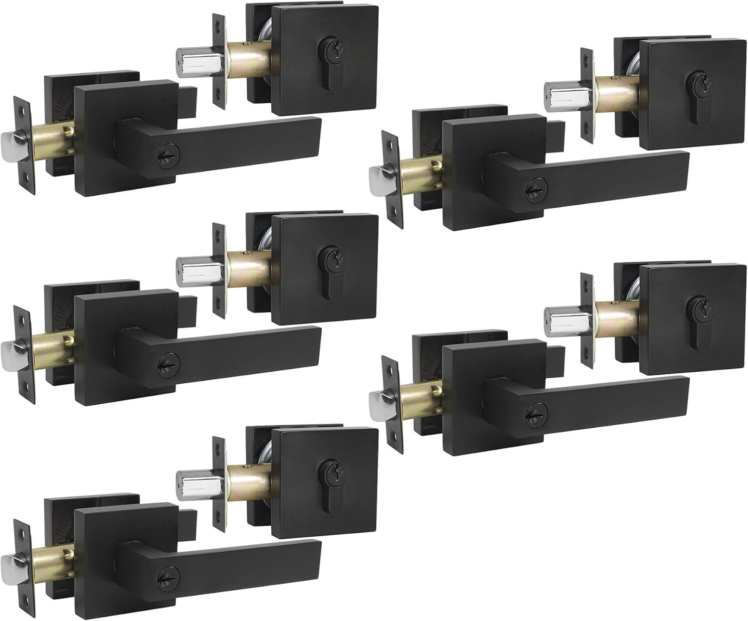 Probrico Satin Nickel Square Entry Levers Locksets and Double Cylinder Deadbolts Combination Set, Heavy Duty Front Door Office Entrance Levers, 3 Pack Keyed Alike(All Same Keys)