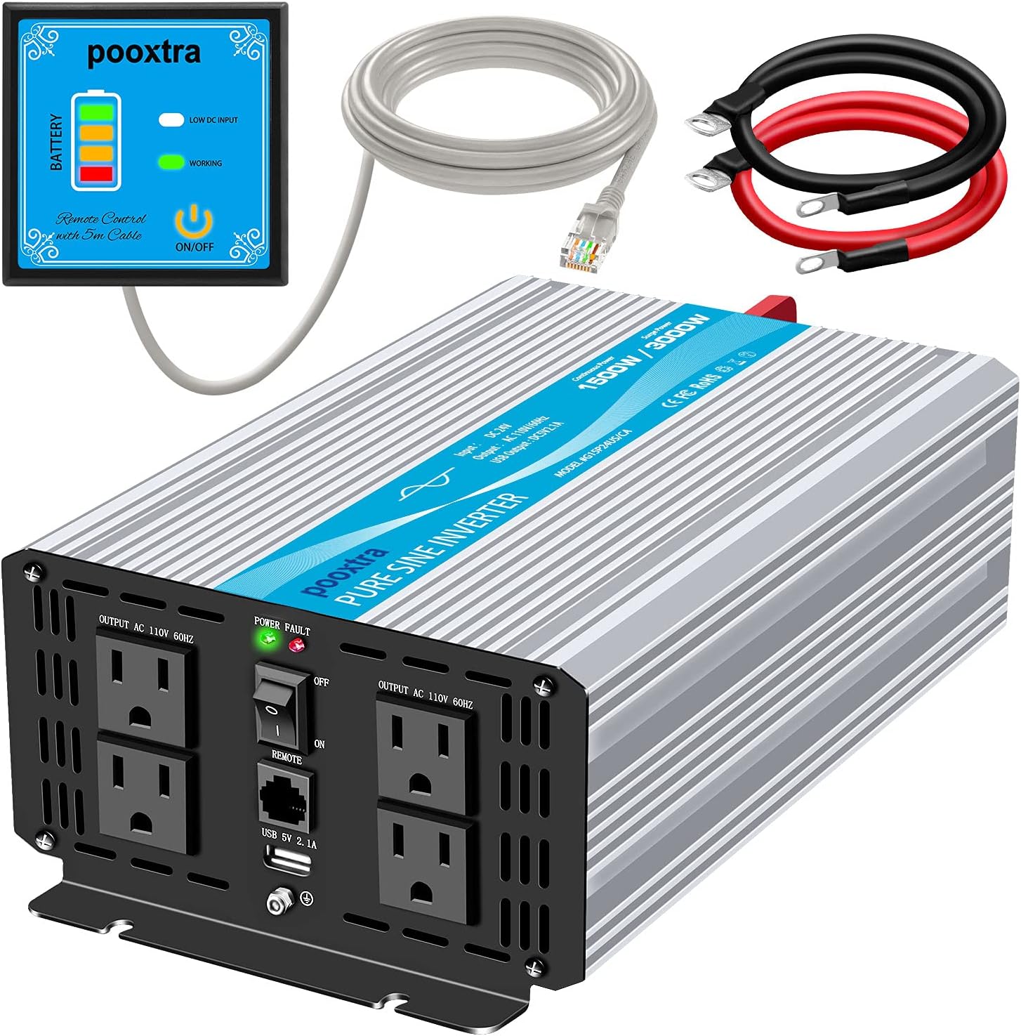pooxtra 1500 watt Pure Sine Wave Inverter DC 24V to 110V Power Inverter with 4 AC Outlets,2.1A USB Ports and 16.4ft Remote Controller for RV Trucks Boats and Emergency