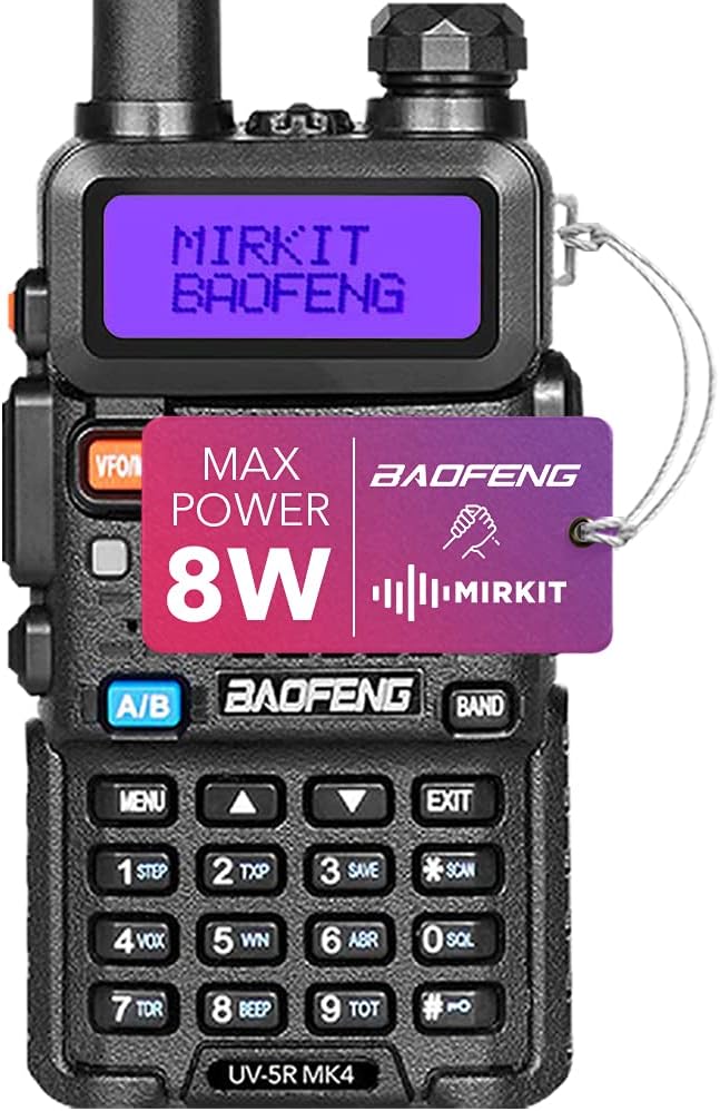 Extended Ham Radio Handheld Starter Kit Mirkit Baofeng Radio UV-5R MK4 8 Watt Max Power with 3800 mAh, Handheld Mic, Baofeng Programming Cable and Software - Extra Pack
