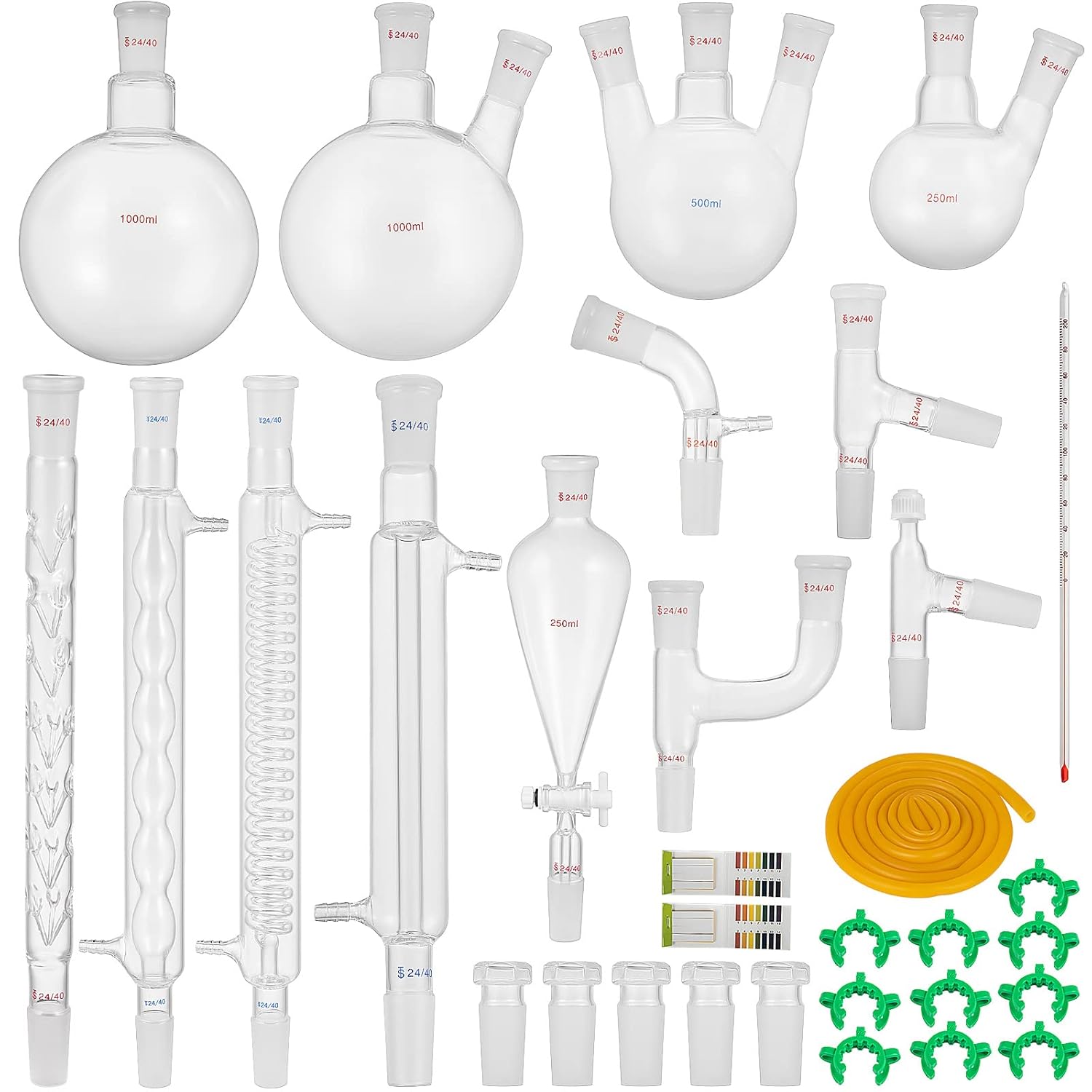 VEVOR New Laboratory Glassware 24/40 Chemistry Glassware 32PCS Chemistry Lab Glassware Kit 250 1000ml for Distillations Separation Purification Synthe（24/40, 32PCS）