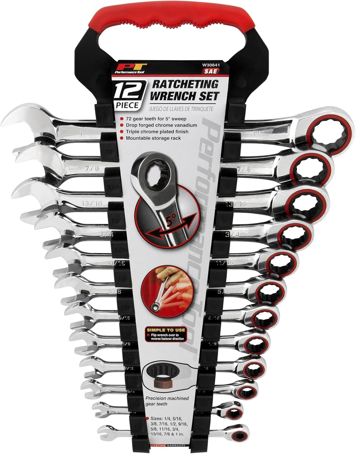 Performance Tool W30641 12pc SAE Combo Ratcheting Wrench Set | Drop Forged Chrome Vanadium Steel | Corrosion Resistant Finish | Sizes: 1/4, 5/16, 3/8, 7/16, 1/2, 9/16, 5/8, 11/16, 3/4, 13/16, 7/8 & 1