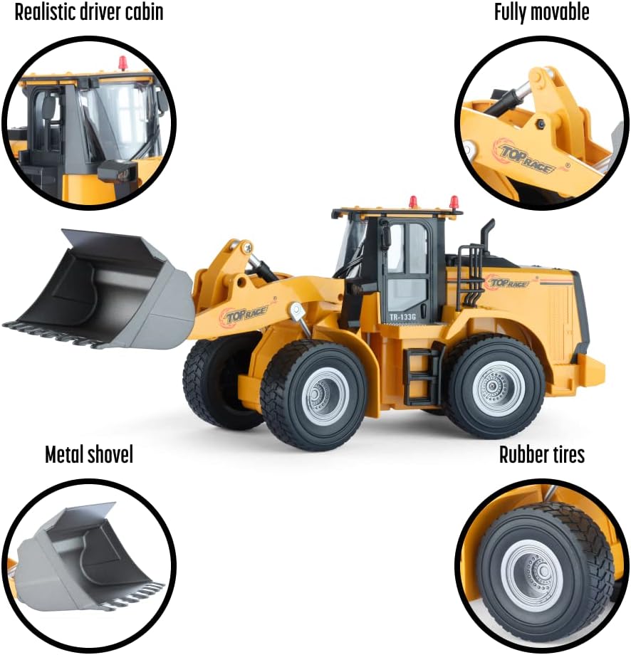 Top Race 9 Channel Toy Truck, Heavy Duty Remote Control Front Loader, RC Remote Control Construction Tractor with Lights & Sounds 2.4Ghz Metal Shovel and Parts Hobby Grade (TR-133G) Pack of 2