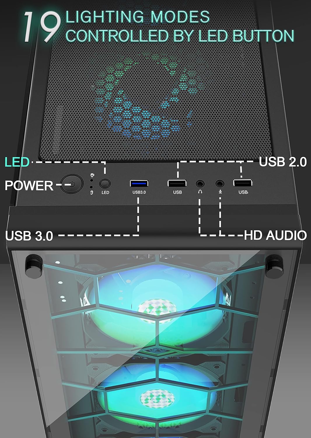 MUSETEX ATX PC Case with 6 Pcs 120mm ARGB Fans, Computer Gaming Case Mid-Tower Phantom Black, Tempered Glass Computer Chassis, USB 3.0, MN6-B