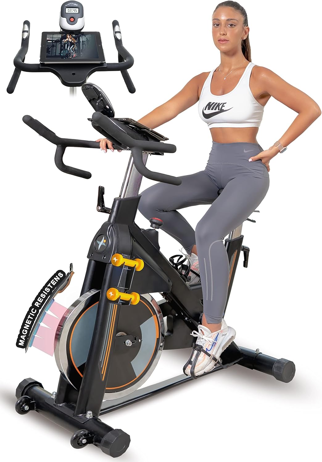 Gymnastics Power Indoor Exercise Bike Heavy-Duty 115 LB Magnetic Resistance, Includes 2X1 lb Dumbbells, Stationary Cycling Bikes for Home Exercise