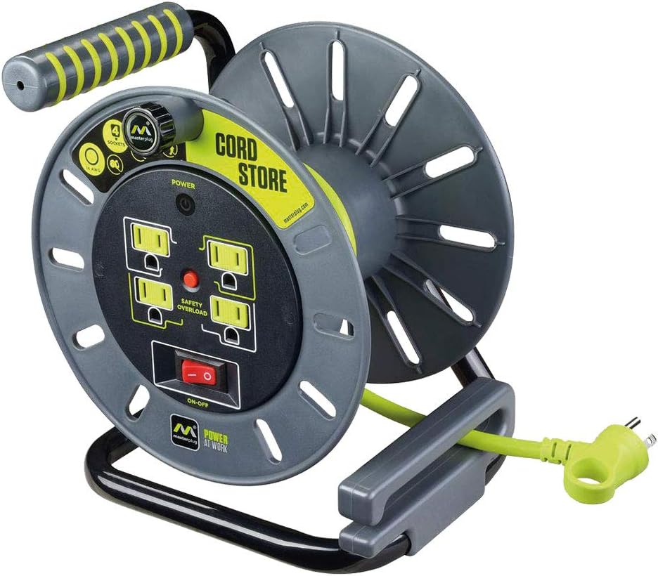 Masterplug Heavy Duty Metal Cord Reel with 4-120V 15amp Integrated Outlets and 12 Gauge High Visibility Cord (100ft)