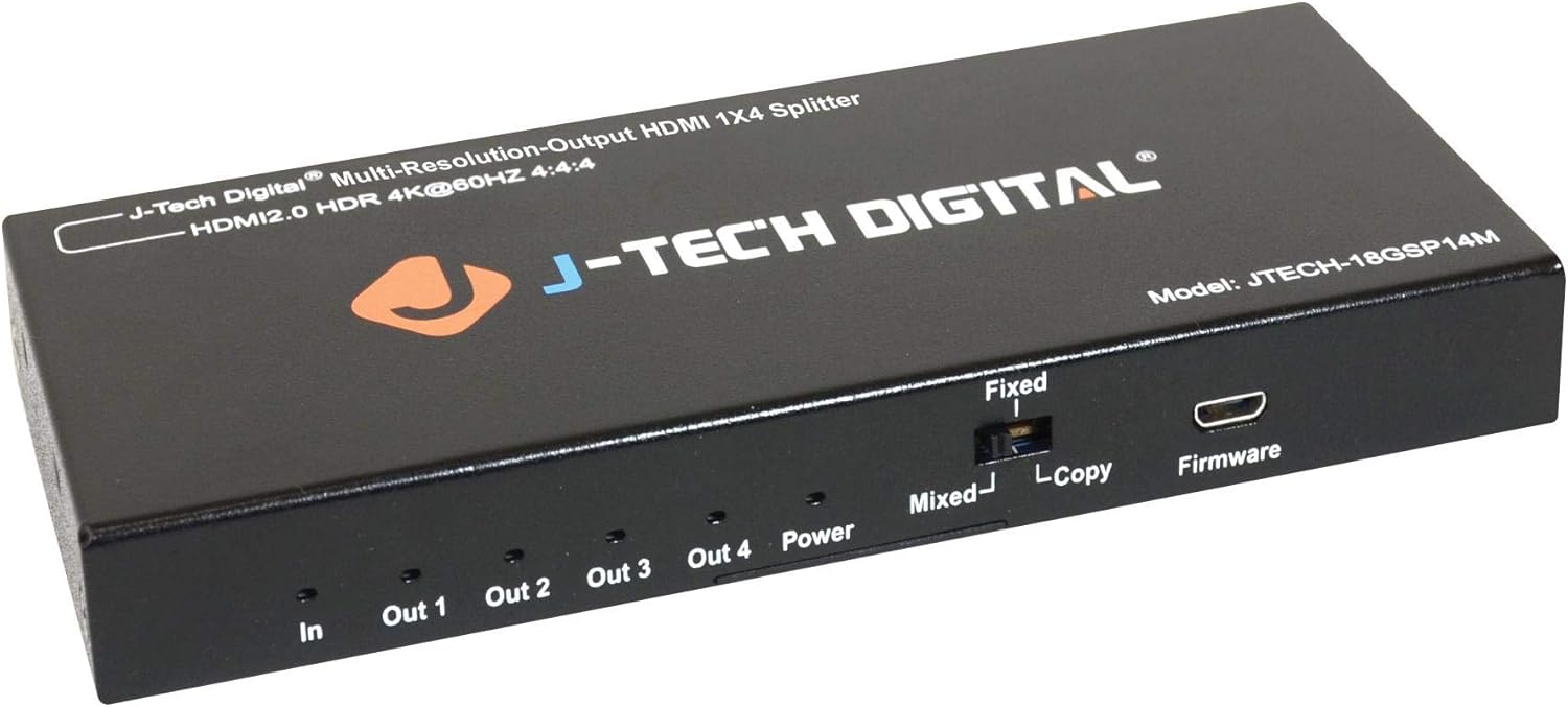 J-Tech Digital Scaler/Multi-Resolution Output (MRO) 18GBps 1x4 HDMI 2.0 Splitter HDR10/Dolby Vision 4K@60Hz 4:4:4 [JTECH-18GSP14M] Pack of 2