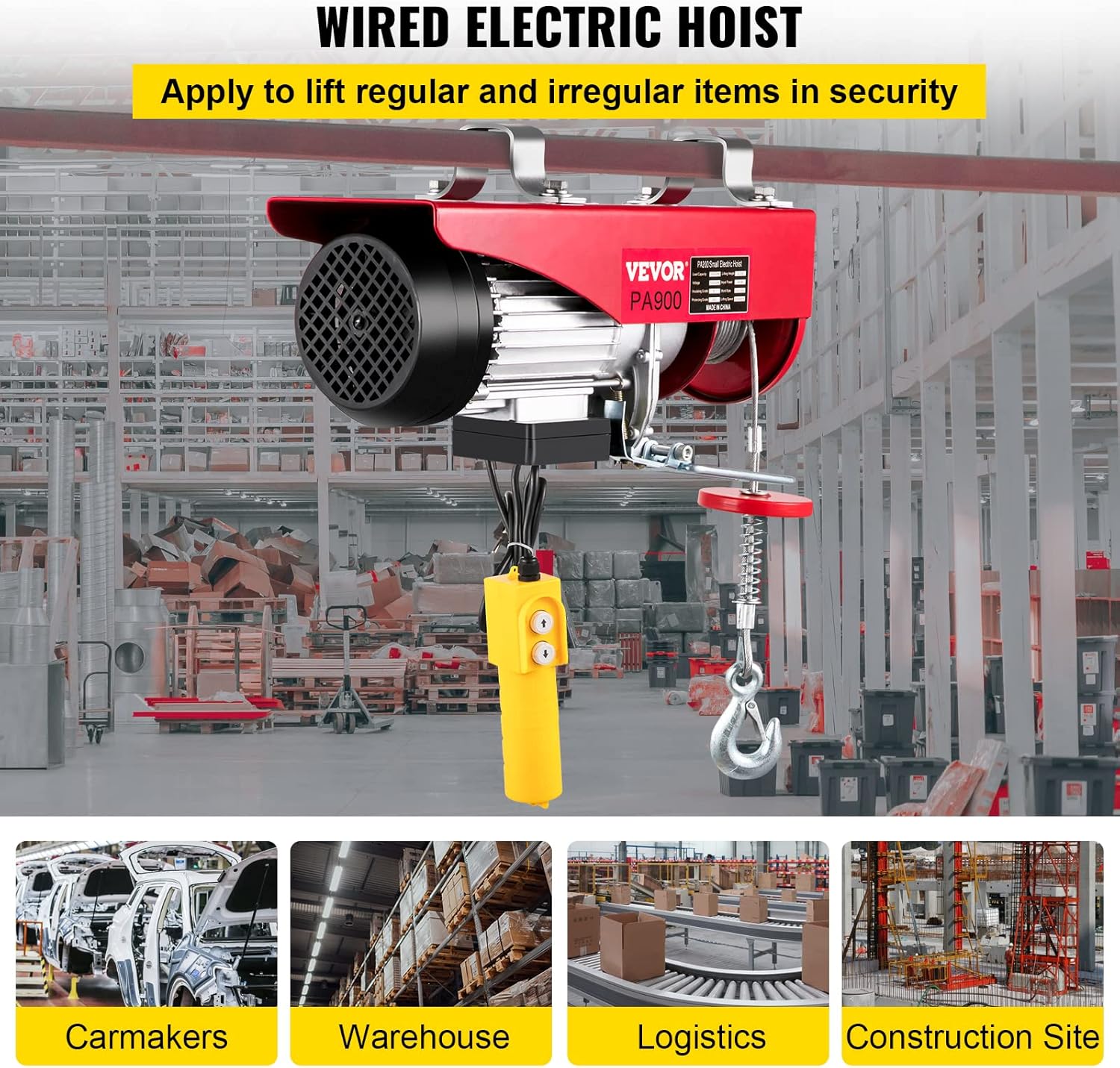 Happybuy Electric Hoist, 2000 lb Lift Overhead Crane Garage w/Steel Hook, Remote Control & Emergency Stop Switch, Ceiling Pulley Winch for Warehouse, Construction, Goods Lifting, 110V Red