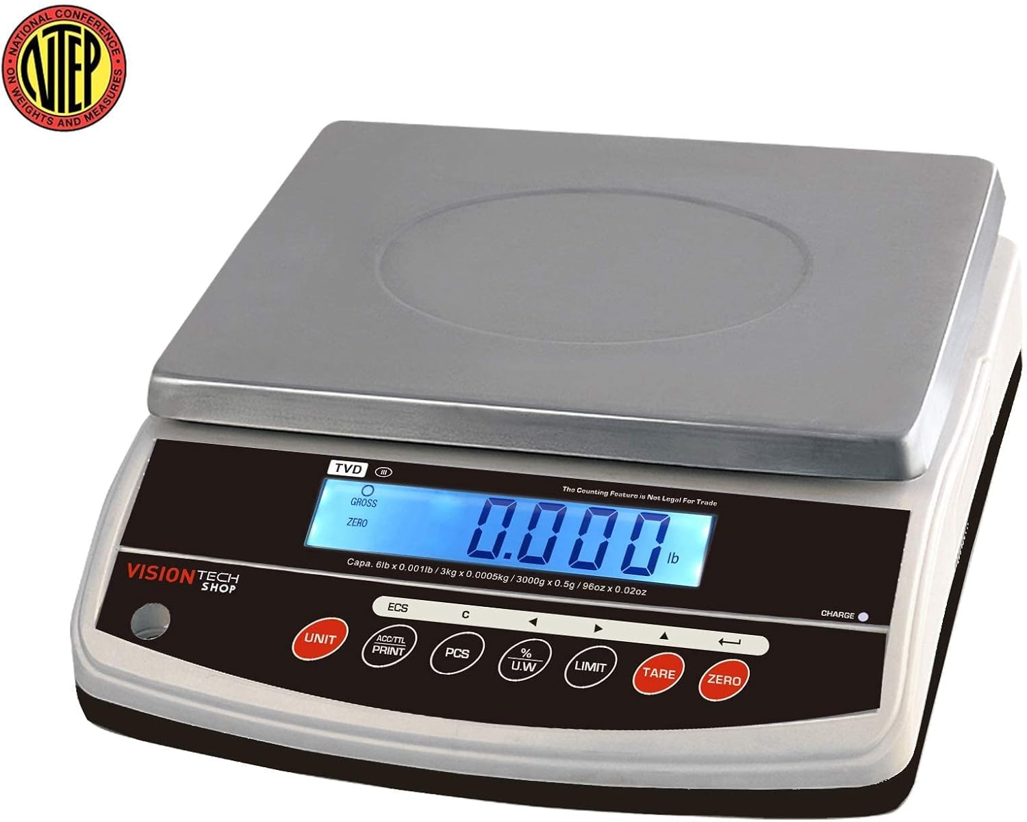 VisionTechShop TVD-6 Digital Bench and Counter Scale, Lb/Oz/Kg/g Switchable, 6lb Capacity, 0.001lb Readability, Counting and Percentage Mode, Single Display, NTEP Legal for Trade, CC# : 20-032