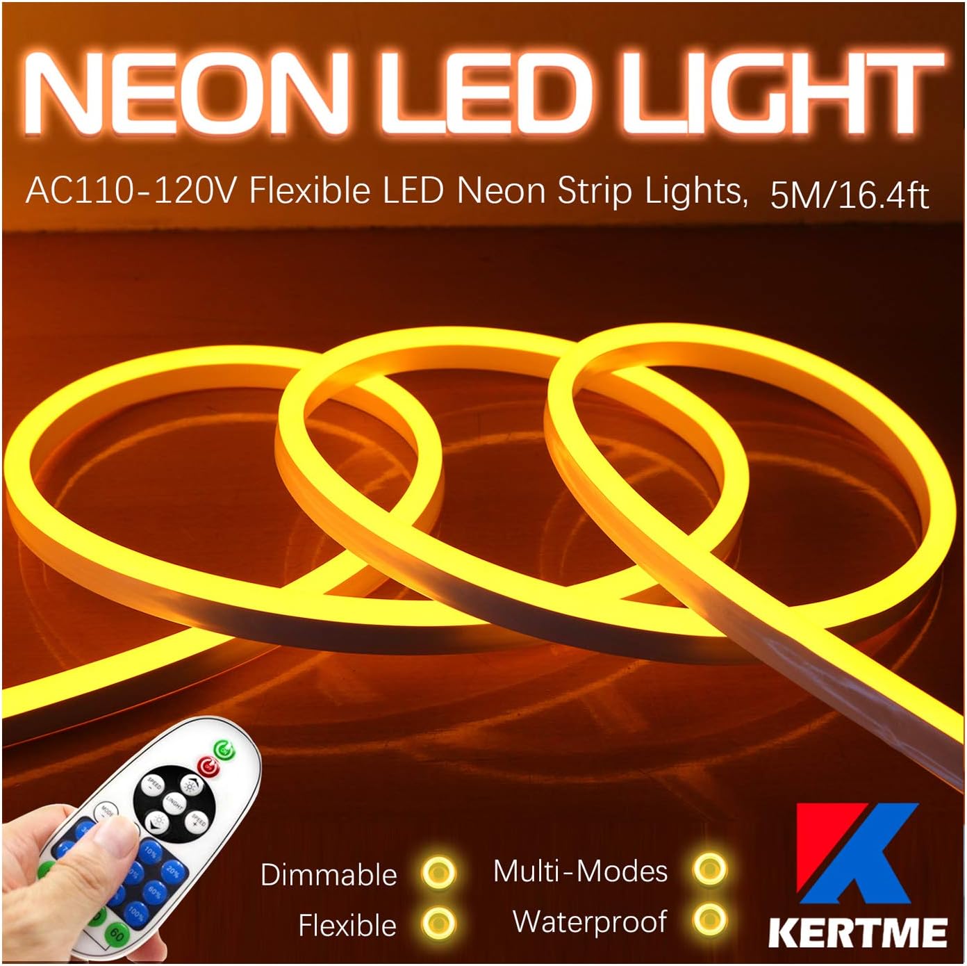 KERTME Neon Led Type AC 110-120V LED NEON Light Strip, Flexible/Waterproof/Dimmable/Multi-Colors/Multi-Modes LED Rope Light + 24 Keys Remote for Home/Garden/Building Decoration (65.6ft/20m, RGB)