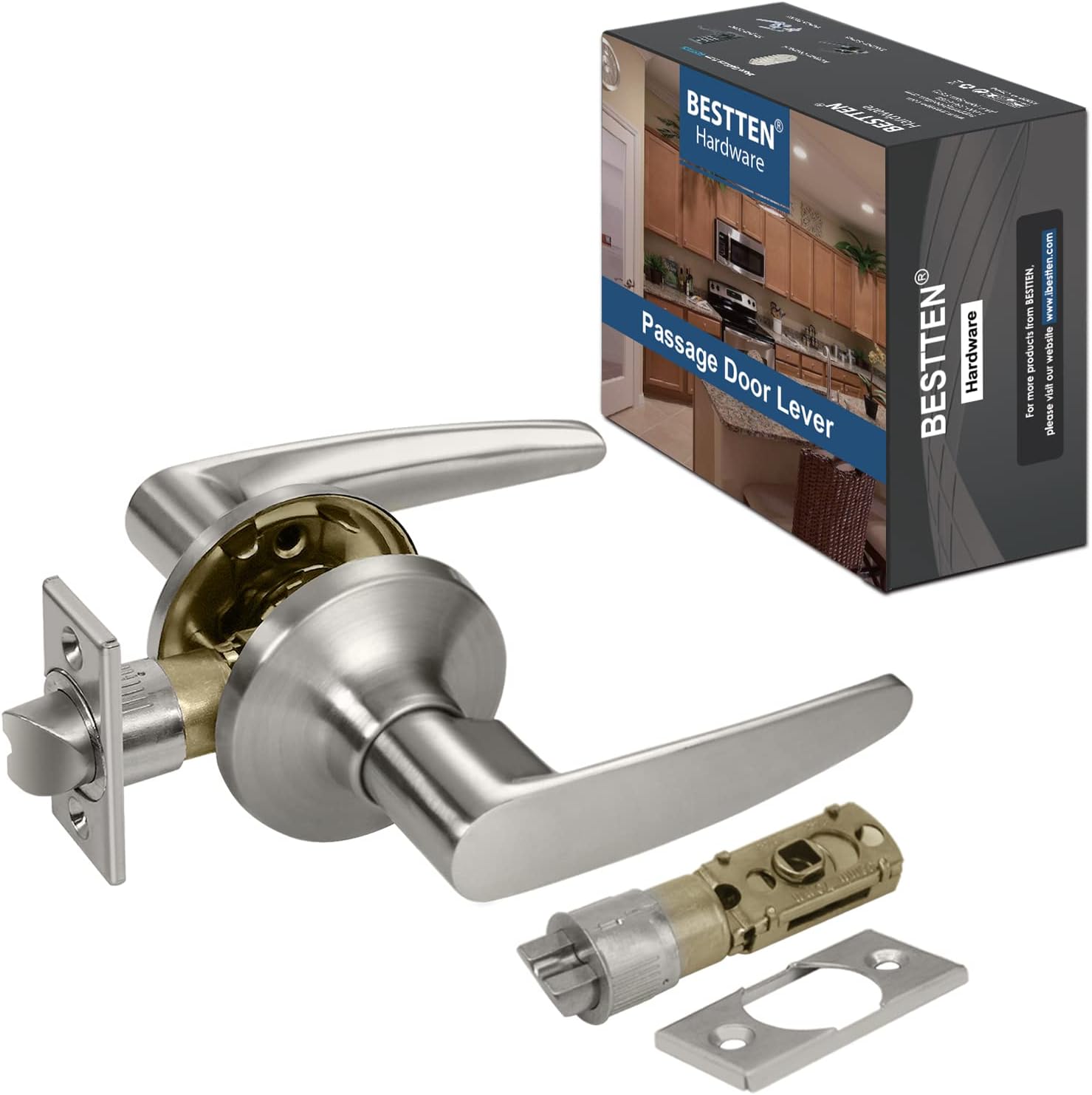 [5 Pack] BESTTEN Entry Door Lever Lock with Removable Latch Plate, Roma Series, All Metal Door Handle for Exterior and Front Door, Keyed Different, Satin Nickel Pack of 2