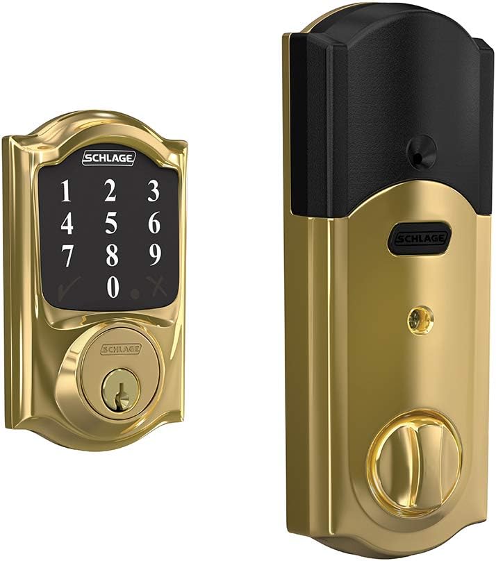 SCHLAGE BE469ZP CAM 605 Connect Smart Deadbolt With Alarm Inbuilt Camelot Trim In Bright Brass