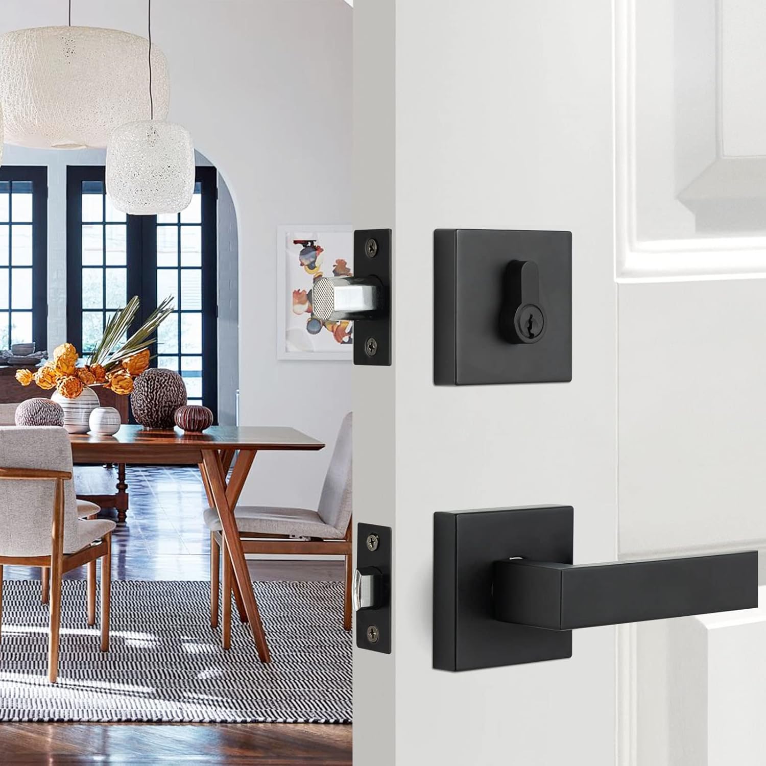 GUA OYH Door Handle Sets Double Front Door Handle Set with Handle Lever Satin Nickel Double Door Handleset with Dummy Heavy Duty Front Door Lock Set Double Door Handles for Front Door or Office Door