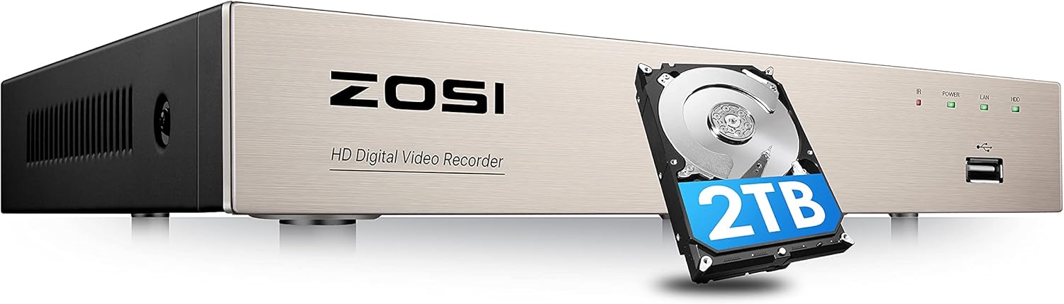 ZOSI H.265+ 8CH 5MP Lite 4-in-1 Surveillance DVR Recorders with Hard Drive 2TB for HD-TVI, CVI, CVBS, AHD 960H/720P/1080P/5MP CCTV Security Cameras System, Motion Detection, Remote Viewing,Alert Push