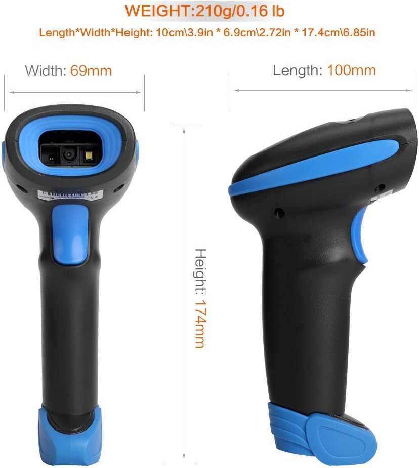HENEX HC-3208R 2D Wireless Barcode Scanner 2 in 1 Wired Handheld QR Code Scanner USB 1D Barcode Reader Rechargeable (Blue)