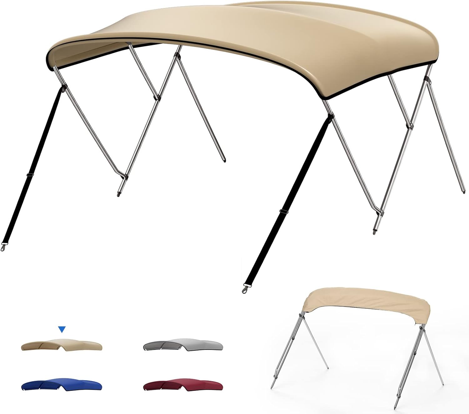 kemimoto Bimini Top for Boat, 3 Bow Bimini Top for Pontoon Jon Boat with 1 Inch Stainless Aluminum Frame, Boat Bimini Top with Rear Support Pole, Boat Accessories