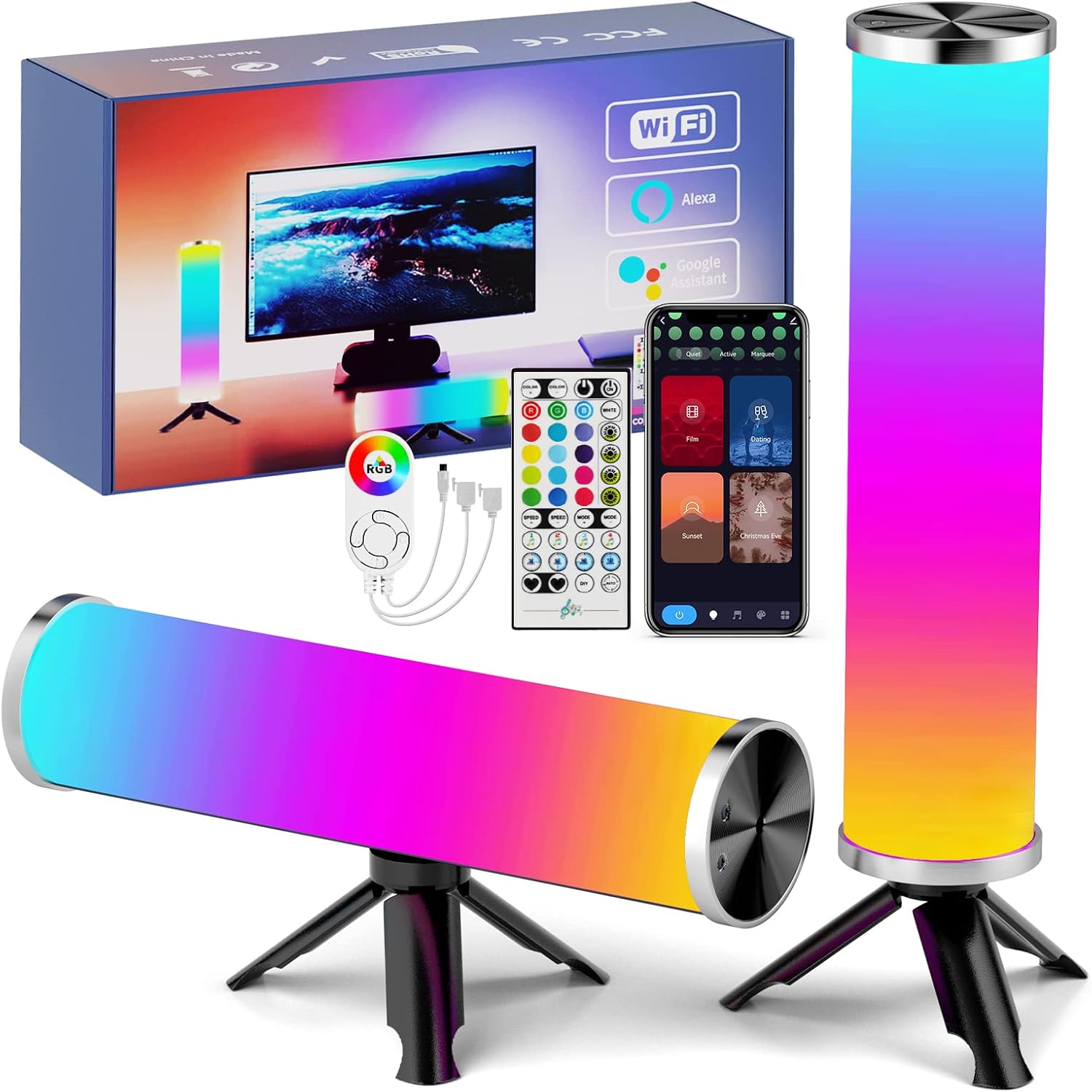 Smart LED Light Bars, RGB Ambient Lighting Gaming Lights Work with Alexa and Google Assistant, WiFi ​APP Remote Control TV Backlight with Scene and Music Modes for PC, TV, Party, Room Decoration Pack of 2