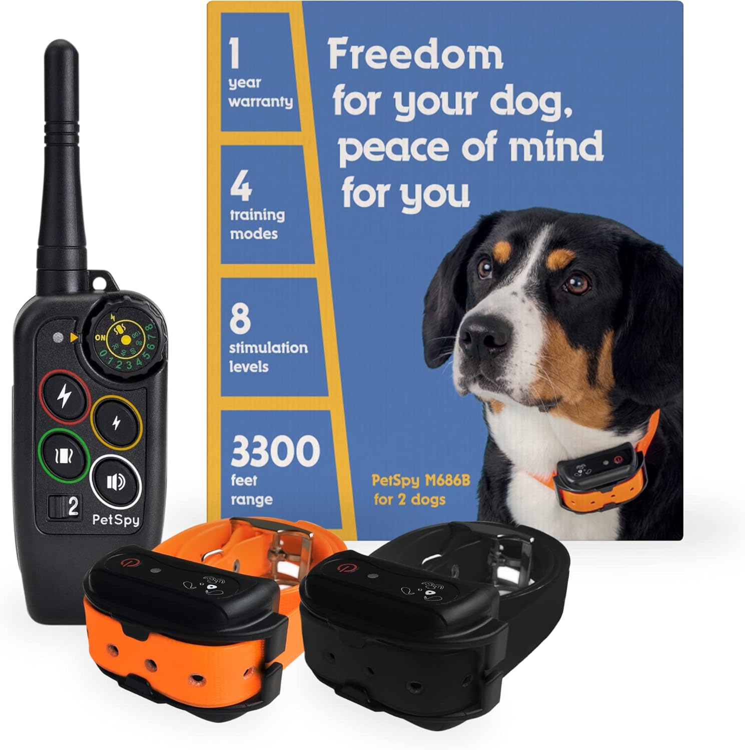 PetSpy M686B Dog Trainer Shock Collar for 2 Dogs with Vibra and Beep, Fully Waterproof Remote Training E-Collars