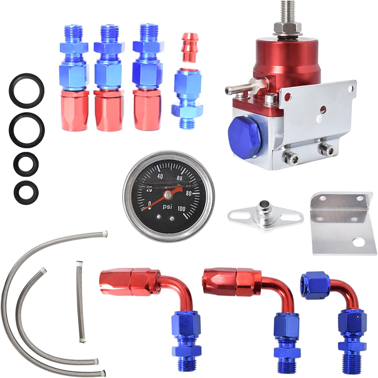 labwork Universal Adjustable Fuel Pressure Regulator Kit with 0-100 Psi Pressure Gauge AN6-6AN Fuel Line Hose Fitting Connectors Kit Red and Blue Pack of 2
