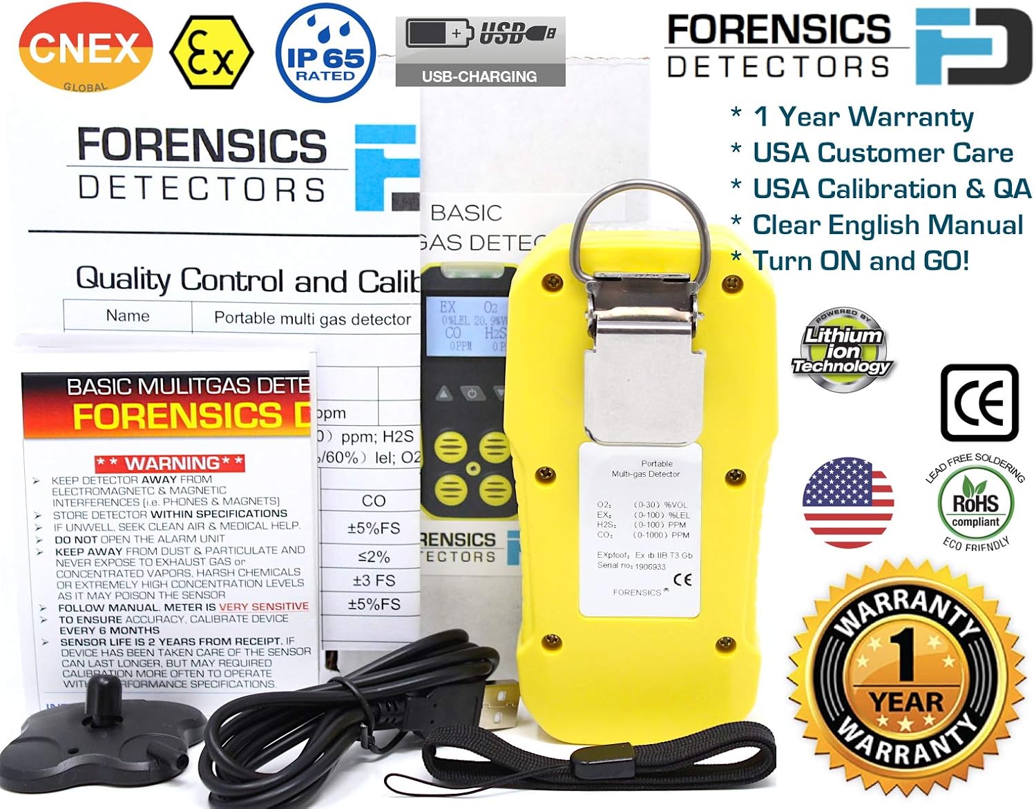 Basic MULTIGAS + Pump Analyzer, Detector, Meter by Forensics | 4 Gas Monitor | USB Recharge | Sound, Light & Vibration Alarms | USA NIST Calibration |