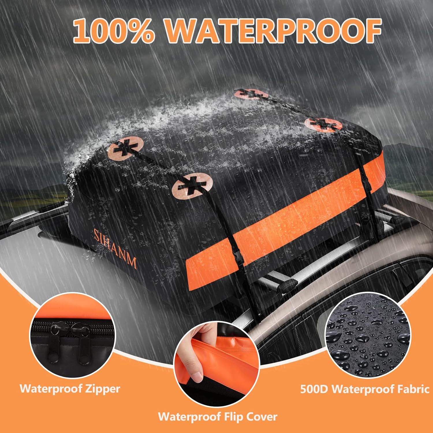 Rooftop Cargo Carrier, 15 Cubic Feet Heavy Duty Car Roof Cargo Carrier for All Cars with/Without Rack, 100% Waterproof Car Top Carrier with Anti-Slip Mat, Door Hooks & Lock Pack of 2