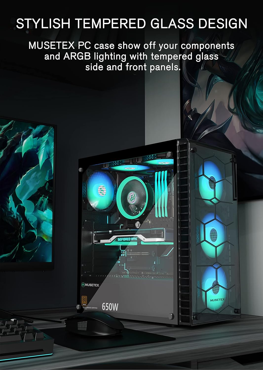 MUSETEX ATX PC Case with 6 Pcs 120mm ARGB Fans, Computer Gaming Case Mid-Tower Phantom Black, Tempered Glass Computer Chassis, USB 3.0, MN6-B