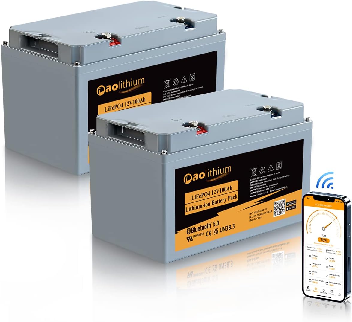 Aothium Lithium Battery 100Ah 12V LiFePO4 Battery with Bluetooth APP 4000 Cycles Rechargeable Battery with Built-in BMS 24V or 200Ah Perfect for RV Solar Marine UPS Off-Grid Applicatins（2Pack）