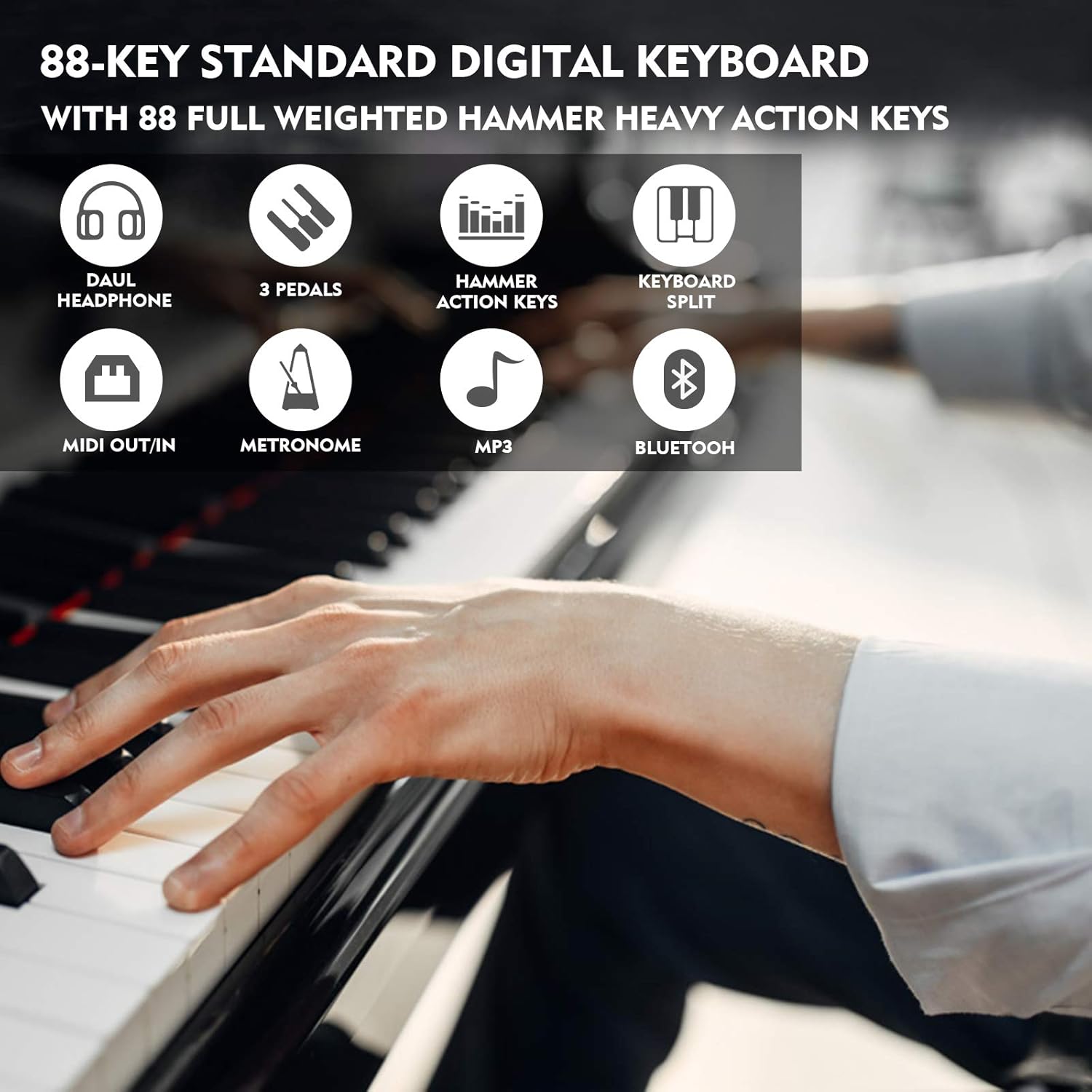MUSTAR Digital Piano 88 Key Weighted Keyboard Hammer Action, Full Size 88 Key Keyboard Piano for Beginners with Bluetooth Connection, 3 Pedal Systems, Furniture Stand, Brown
